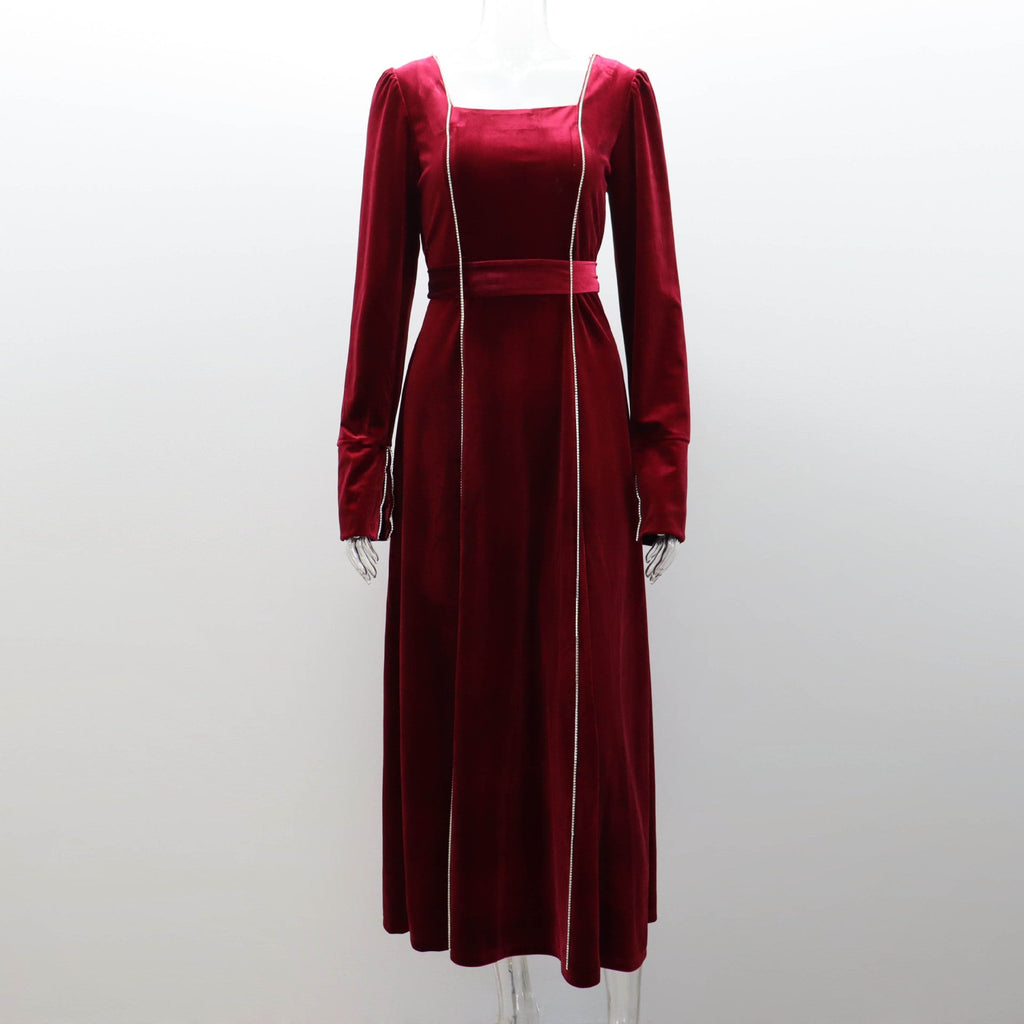 Autumn Winter Party Dress French Ladies Dress Korean Velvet Bell Sleeve Square Collar A line Dress Women