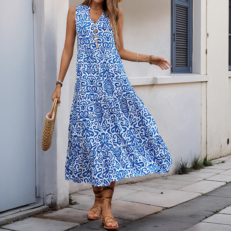 Summer Mid Length Sleeveless V neck Abstract Pattern Printing Dress