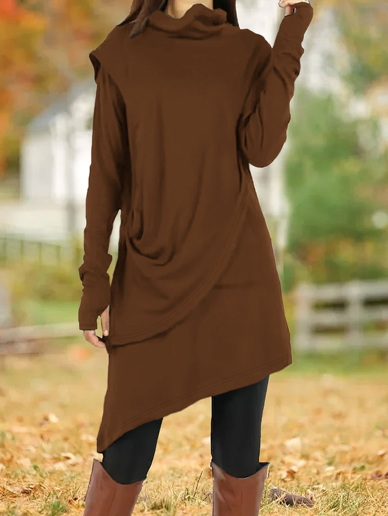 Autumn Winter Black High Collar Irregular Asymmetric Faux Two Piece Long-Sleeved Dress Women