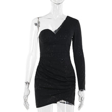 Load image into Gallery viewer, Autumn Sexy One Shoulder Long Sleeve Pleated Thin Glittering Sheath Dress Women