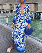 Load image into Gallery viewer, Fall Women Clothing Printed Pullover Long Sleeve Dress V neck Swing Loose Jumpsuit