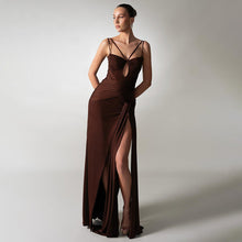 Load image into Gallery viewer, Dress Sexy Slim Fit Maxi Dress Backless Brown Pleating Ribbon Dress