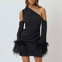 Load image into Gallery viewer, Arrival Sexy Slim Fit Dress One Shoulder Design Stitching Horn Furry Sleeves Short Dress