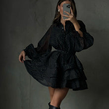Load image into Gallery viewer, Casual Black Rhimestone A line Dress Women Clothing Autumn Polo Collar Long Sleeve High Waist Bubble Dress