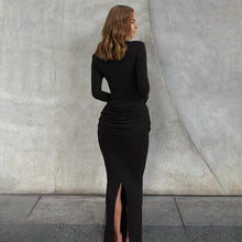Load image into Gallery viewer, Women Clothing Autumn Winter Slim round Neck Solid Color Fold Split Long Sleeve Elegant Dress for Women