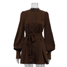 Load image into Gallery viewer, Women Clothing Autumn Stand up Collar Long Sleeved Lace up A line Short Dress