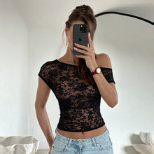 Load image into Gallery viewer, Women Clothing Winter Sexy Slim Hollow Out Cutout Lace Diagonal Collar Tight T shirt Sheer Top