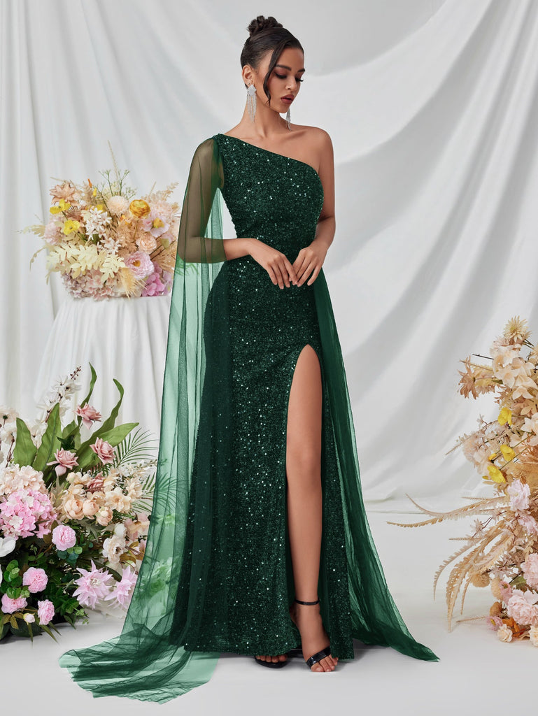 Shoulder Sequined Evening Dress Mesh Ribbon High Slit Design the Dinner Party Stage Maxi Dress