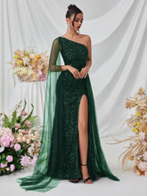 Load image into Gallery viewer, Shoulder Sequined Evening Dress Mesh Ribbon High Slit Design the Dinner Party Stage Maxi Dress