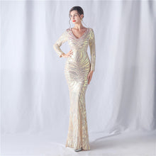 Load image into Gallery viewer, Positioning Floral Cutting Craft Magic Color Sequin Annual Meeting Wedding Long Sleeve Evening Dress