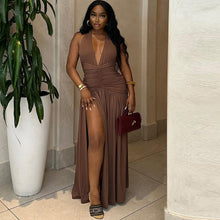 Load image into Gallery viewer, Women Clothing Solid Color Dress Sexy Sleeveless Deep V Plunge Neck Split Casual Waist Controlled Dress