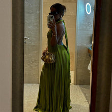 Load image into Gallery viewer, Women Clothing Autumn Sweet Fresh V neck Halter Backless Pleated Oversized Swing Dress