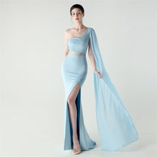Load image into Gallery viewer, Single Shoulder Crossbody Stitching Mesh Design Satin Slim Cocktail Dress Evening Dress