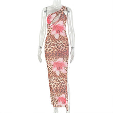 Load image into Gallery viewer, Niche Personality Lady Clothing Bag Stitching Leopard Print Hip Dress Diagonal Collar Wrapped Chest Asymmetric Split Dress