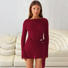 Load image into Gallery viewer, Women Clothing Autumn Solid Color Elegant Sexy Backless Long Sleeve Ribbon Dress Women
