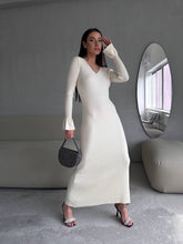 Load image into Gallery viewer, Long Sleeve V neck Tight Knitted Dress Solid Color Rib Fabric Wool Long Autumn Winter Dress