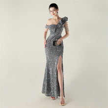 Load image into Gallery viewer, One Shoulder Pleated Ruffled Embellished Beaded Chain Sequined Evening Dress Cocktail Wedding Red Carpet