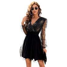 Load image into Gallery viewer, New V-neck Stitching Mesh Banquet Dress Waist Sequ Puff Sleeve Dress Women Formal Gown