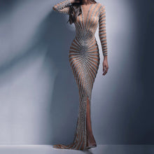 Load image into Gallery viewer, Spring Rhinestone Women Clothing Mesh See through Long Sleeve Split Maxi Dress