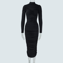Load image into Gallery viewer, Autumn Elegant Socialite Private Clothing Stand Collar Long Sleeve Waisted Slim Fit Package Hip Pleated Niche Dress