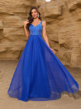 Load image into Gallery viewer, Elegant Sequin Stitching Mesh Double Collar Party Dress Sleeveless Large a Hem Full Lining Maxi Dress Prom