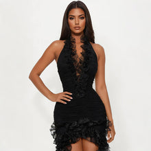 Load image into Gallery viewer, Halter Sexy Deep V Plunge Sheath Solid Color Dress for Women Ruffles Tassel Dress
