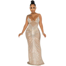 Load image into Gallery viewer, Rhinestone Sexy Spaghetti Straps Corset Mesh See through Maxi Dress