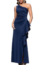 Load image into Gallery viewer, One Shoulder Elegant Solid Color Slim Waist Split Fishtail Side Ruffled Evening Dress