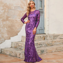 Load image into Gallery viewer, Spring Autumn Sequined Dress Purple Crew-Neck Long Evening Dress Long Sleeve Dress