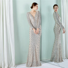Load image into Gallery viewer, Positioning Floral Sequin Evening Dress Women Banquet Elegant Long Sleeve Sequined Queen Fishtail Dress