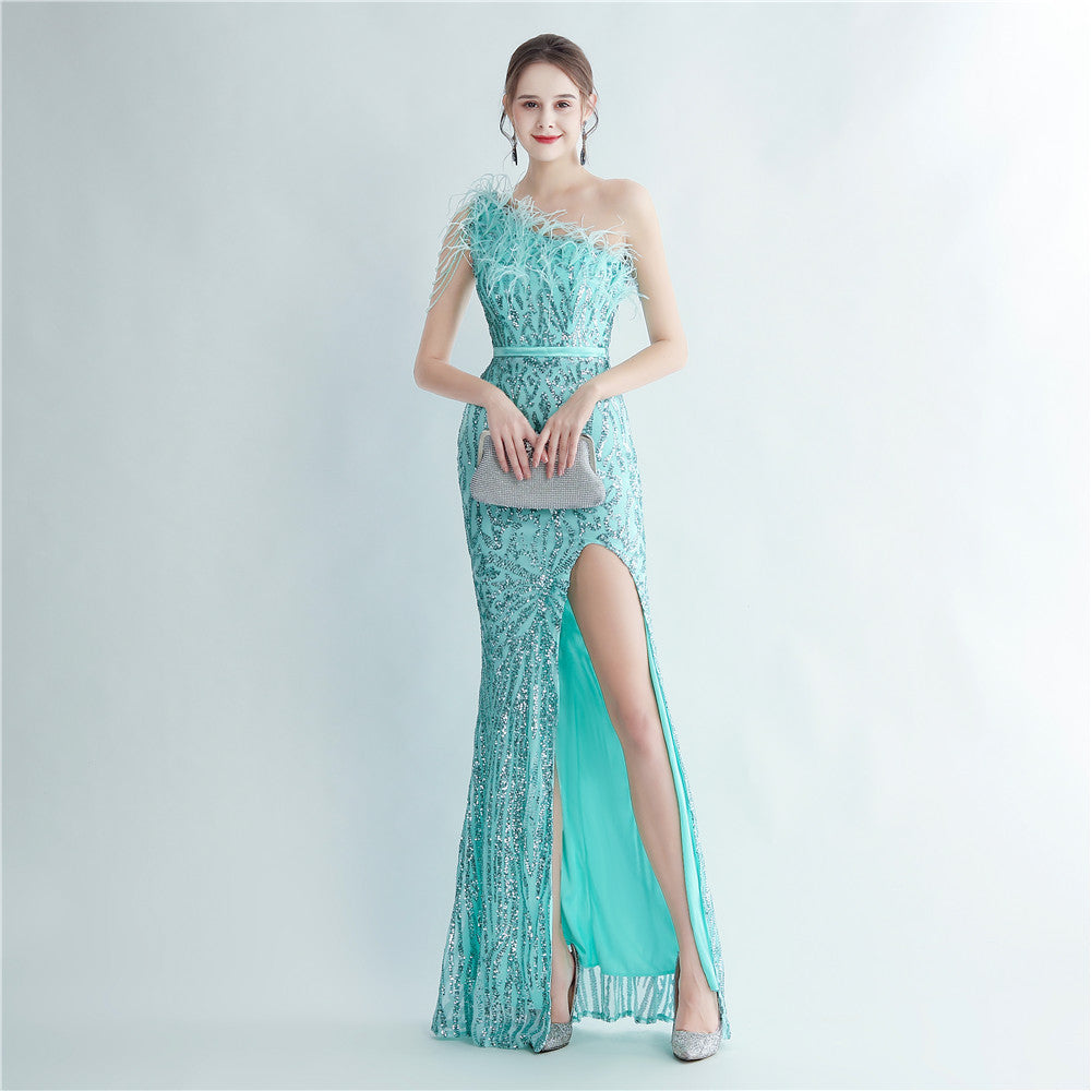 Heavy Industry Ostrich Hair Craft Beading Hair Oblique Shoulder Side Slit High End Evening Dress