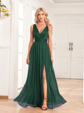 Load image into Gallery viewer, Sparkling Chiffon Sleeves Evening Dress Double V Neck A Line Bridesmaid Party Dress Side Slit Mopping