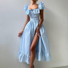 Load image into Gallery viewer, Striped Dress Summer Button Cardigan Waist Slimming Maxi Dress Flying Sleeves Dress Women
