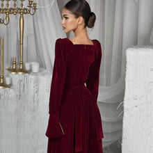 Load image into Gallery viewer, Autumn Winter Party Dress French Ladies Dress Korean Velvet Bell Sleeve Square Collar A line Dress Women