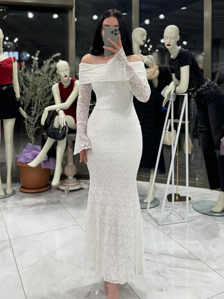 Women Maxi Dress off Shoulder Sexy Lace Long Sleeve Dress