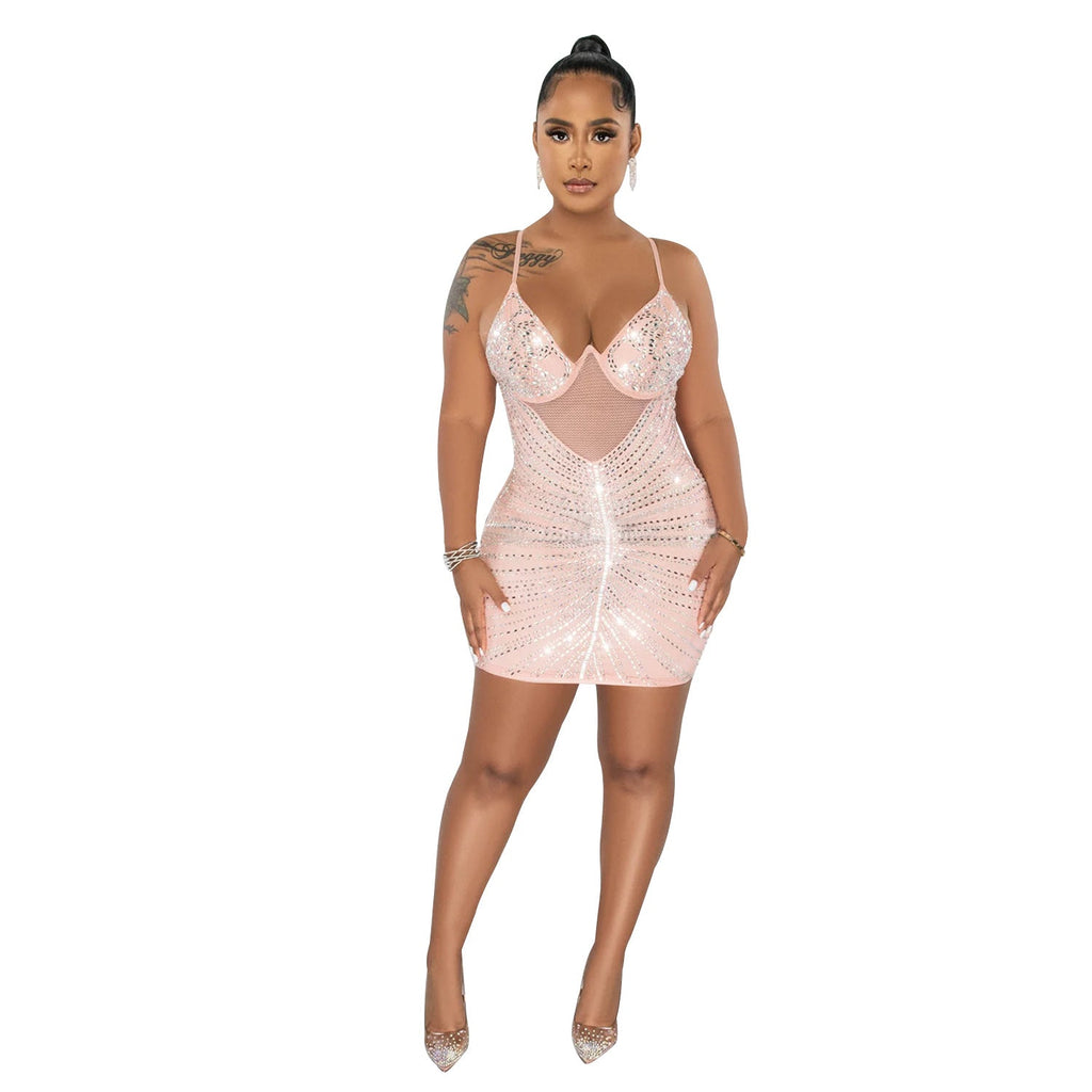 Women Wear Rhinestone Mesh Camisole Sleeveless Dress