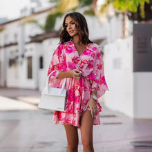 Load image into Gallery viewer, Women Clothing V neck Printed Waist Controlled Batwing Sleeve Half-Length Sleeve Dress