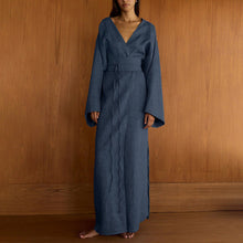 Load image into Gallery viewer, Casual Cross Design Lace up Dress Women V neck Long Sleeve Split High Waist Maxi Dress