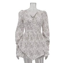 Load image into Gallery viewer, Retro Elegant Elegant Printed V neck Long Sleeve Dress Women Design Irregular Asymmetric Hem High Waist A line Dress