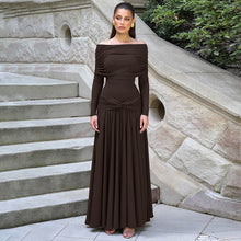 Load image into Gallery viewer, French Women Autumn off Neck Cinched Pleated Long Sleeve Dress