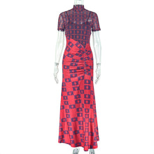 Load image into Gallery viewer, Slim Waist Women Clothing See through Stitching Hip Dress Pleated Print Turtleneck Length Dress