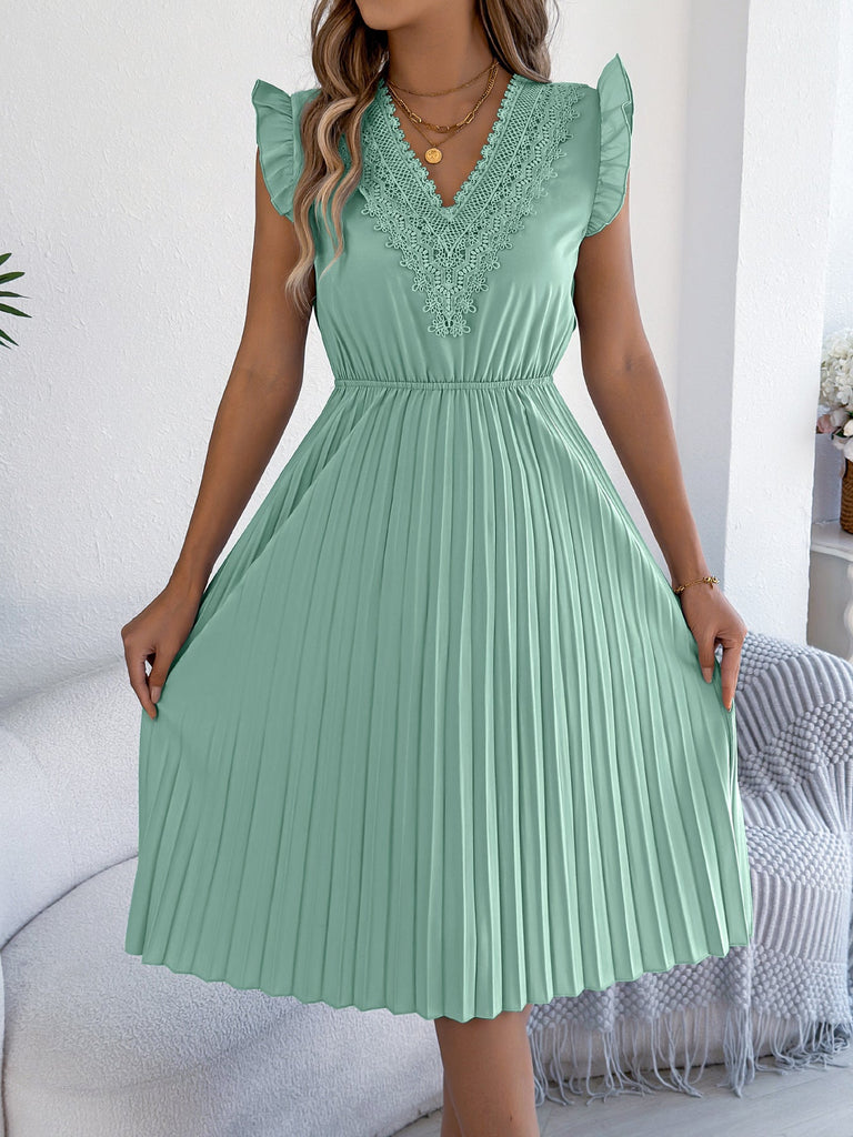 Women Clothing Spring Summer Casual Lace V neck Wooden Ear Cinched Pleated Dress