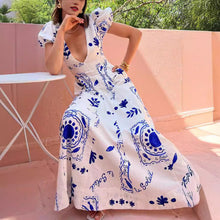 Load image into Gallery viewer, Low Cut V Neck Printed Puff Sleeve Large Swing Cotton Linen Dress