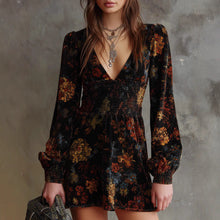 Load image into Gallery viewer, Elegant Floral Print V neck Velvet Dress Sexy Waist Trimming Long Sleeve Short Dress