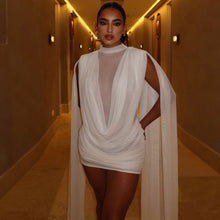 Load image into Gallery viewer, Autumn Winter Women Half Turtleneck Double Layer Stitching Mesh Ribbon Hip Wrapped Sexy Dress