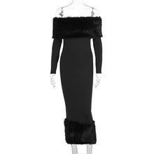 Load image into Gallery viewer, Women Clothing Autumn Winter Fur Collar off Neck Long Sleeve Slim Fit Evening Dress