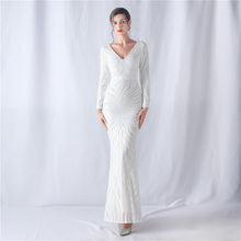 Load image into Gallery viewer, Positioning Floral Cutting Craft Magic Color Sequin Annual Meeting Wedding Long Sleeve Evening Dress