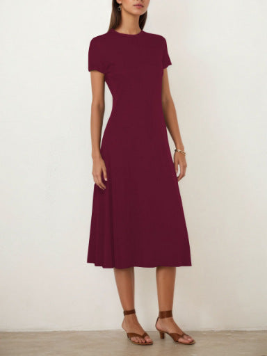 Summer Casual round Neck Short Sleeve Slim Fit A line Swing Dress