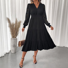 Load image into Gallery viewer, Autumn Sweet Elegant V neck Tight Waist Lace Long Sleeve Solid Color Dress Women