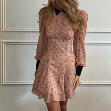 Load image into Gallery viewer, Printing Color Contrast French Dress Women Design Pleated Collared Long Sleeve High Waist A line Dress
